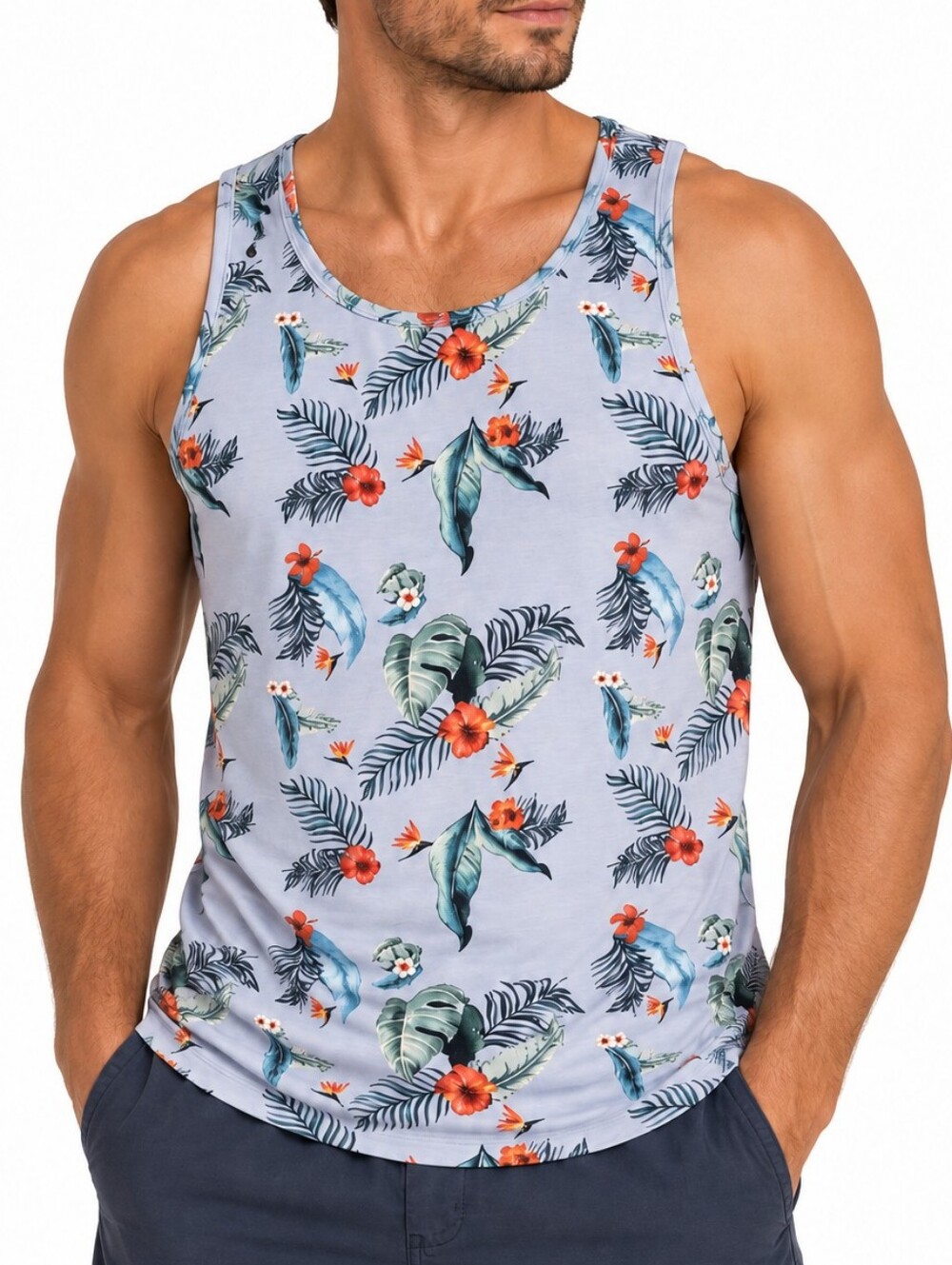 COOFANDY | Men’s Blue-Gray Tropical Floral Tank Top Size L